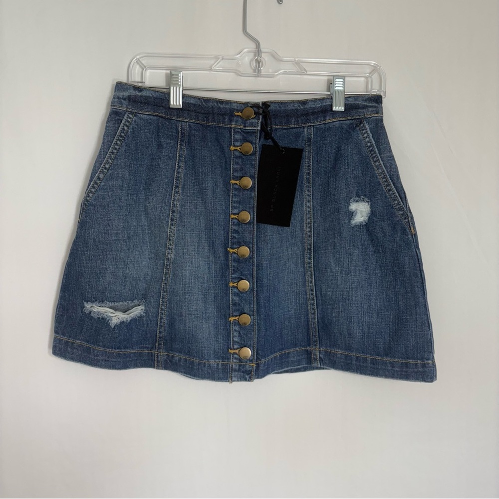 SP Black Label Women's Distressed Button Front A-Line Mini Denim‎ Skirt M NWT